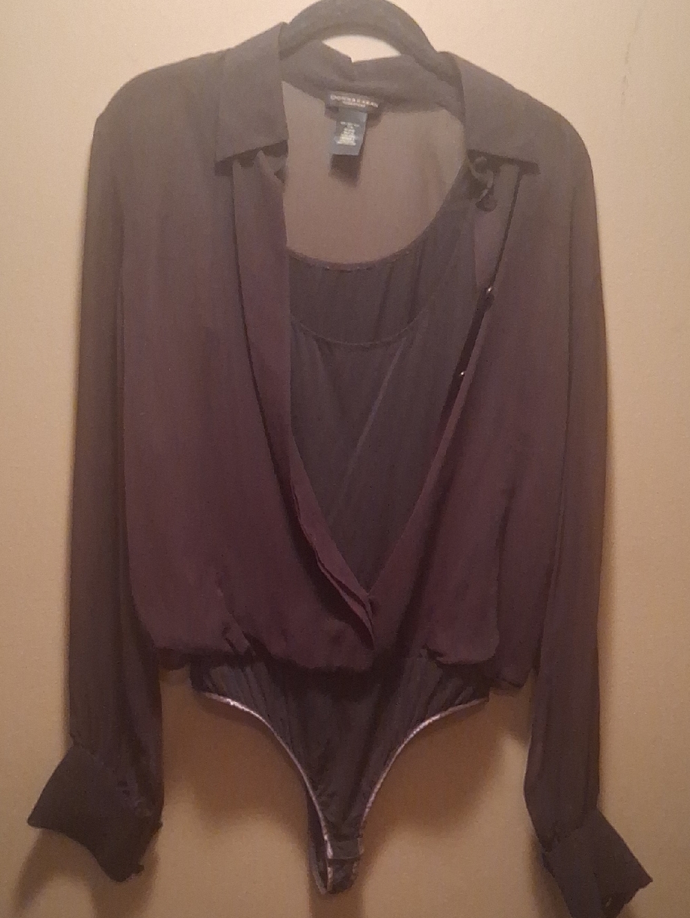 Donna Karan Silk Mocha Sheer Long-Sleeve Draped Bodysuit W Black Tank M